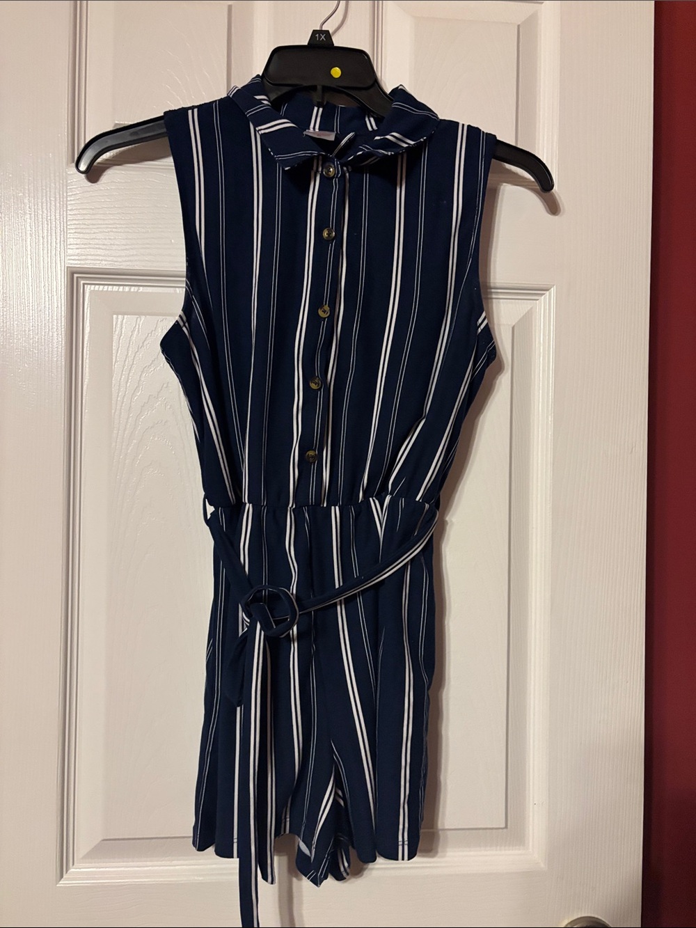 No Boundaries Navy and White Vertical Stripe Sleeveless Romper with Belt size m